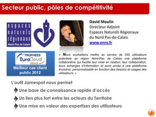 David Moulin
Directeur Adjoint
Espaces Naturels Régionaux
du Nord Pas-de-Calais
www.enrx.fr
« Nous souhaitions mettre au service de 500 utilisateurs
potentiels en région Nord-Pas de Calais une plateforme
collaborative qui facilite leur mise en relation, leur collaboration,
leurs échanges d’information et avoir accès à une plateforme
évolutive, personnalisable en fonction des besoins et usages des
utilisateurs. »
L’outil Jamespot nous permet
Une base de connaissance rapide d’accès
Un lien plus fort entre les acteurs du Territoire
Une mise en valeur des expertises des utilisateurs
Secteur public, pôles de compétitivité
Meilleur cas client
public 2012
 