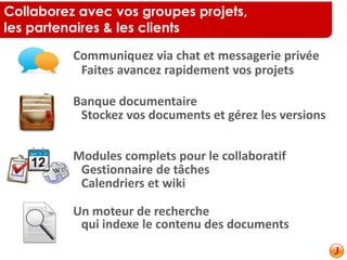 Collaborez avec vos groupes projets,
les partenaires & les clients
Communiquez via chat et messagerie privée
Faites avancez rapidement vos projets
Banque documentaire
Stockez vos documents et gérez les versions
Modules complets pour le collaboratif
Gestionnaire de tâches
Calendriers et wiki
Un moteur de recherche
qui indexe le contenu des documents
 