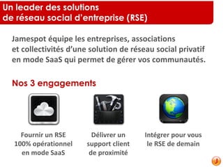 Un leader des solutions
de réseau social d’entreprise (RSE)
Jamespot équipe les entreprises, associations
et collectivités d’une solution de réseau social privatif
en mode SaaS qui permet de gérer vos communautés.
Nos 3 engagements
Fournir un RSE
100% opérationnel
en mode SaaS
Délivrer un
support client
de proximité
Intégrer pour vous
le RSE de demain
 