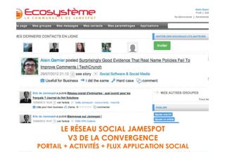 LE RÉSEAU SOCIAL JAMESPOT
            LE RESEAU SOCIAL
        V2 DE LA CONVERGENCE
          V3 DE LA CONVERGENCE
PORTAILACTIVITÉS + FLUX APPLICATION SOCIAL
 PORTAIL + APPLICATION+FLUX SOCIAL
 
