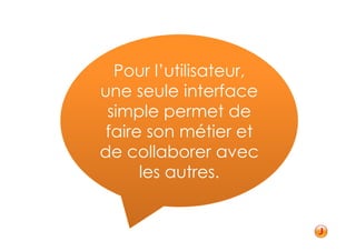 Pour l’utilisateur,
une seule interface
 simple permet de
 faire son métier et
de collaborer avec
      les autres.
 
