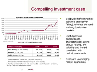 Compelling investment case Supply/demand dynamic: supply is static (even falling), whereas demand is rising due to new markets.  Useful portfolio diversification characteristics: strong annual returns, low volatility and limited correlation with mainstream assets.  Exposure to emerging market economies. 1. Compound Annual Growth rate  (Jan 1990 - Dec 2010) 2. Annualised standard deviation (lower equals lower volatility) 3.  Monthly correlation (Pearson) with fine wine: 0.5-1 is a high positive correlation, -0.5 to -1 is a high negative correlation. Index/commodity  CAGR 1   Vol 2   Corr 3   Fine Wine  (LVX INV INDEX)  14.45% 11.74 NA Equities  (FTSE 100)  5.13% 14.51 -0.01 Gold  (London PM Fix)  8.25% 16.06 -0.06 