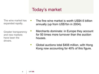 Today’s market The wine market has expanded rapidly. Greater transparency and new markets have been the drivers. The fine wine market is worth US$4-5 billion annually (up from US$1bn in 2004). Merchants dominate: in Europe they account for 50 times more turnover than the auction houses. Global auctions total $408 million, with Hong Kong now accounting for 40% of this figure. 
