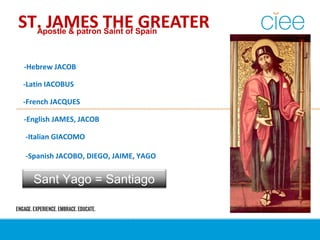 ST. JAMES THE GREATERApostle & patron Saint of Spain
-Hebrew JACOB
-Latin IACOBUS
-French JACQUES
-English JAMES, JACOB
-Italian GIACOMO
-Spanish JACOBO, DIEGO, JAIME, YAGO
Sant Yago = Santiago
 