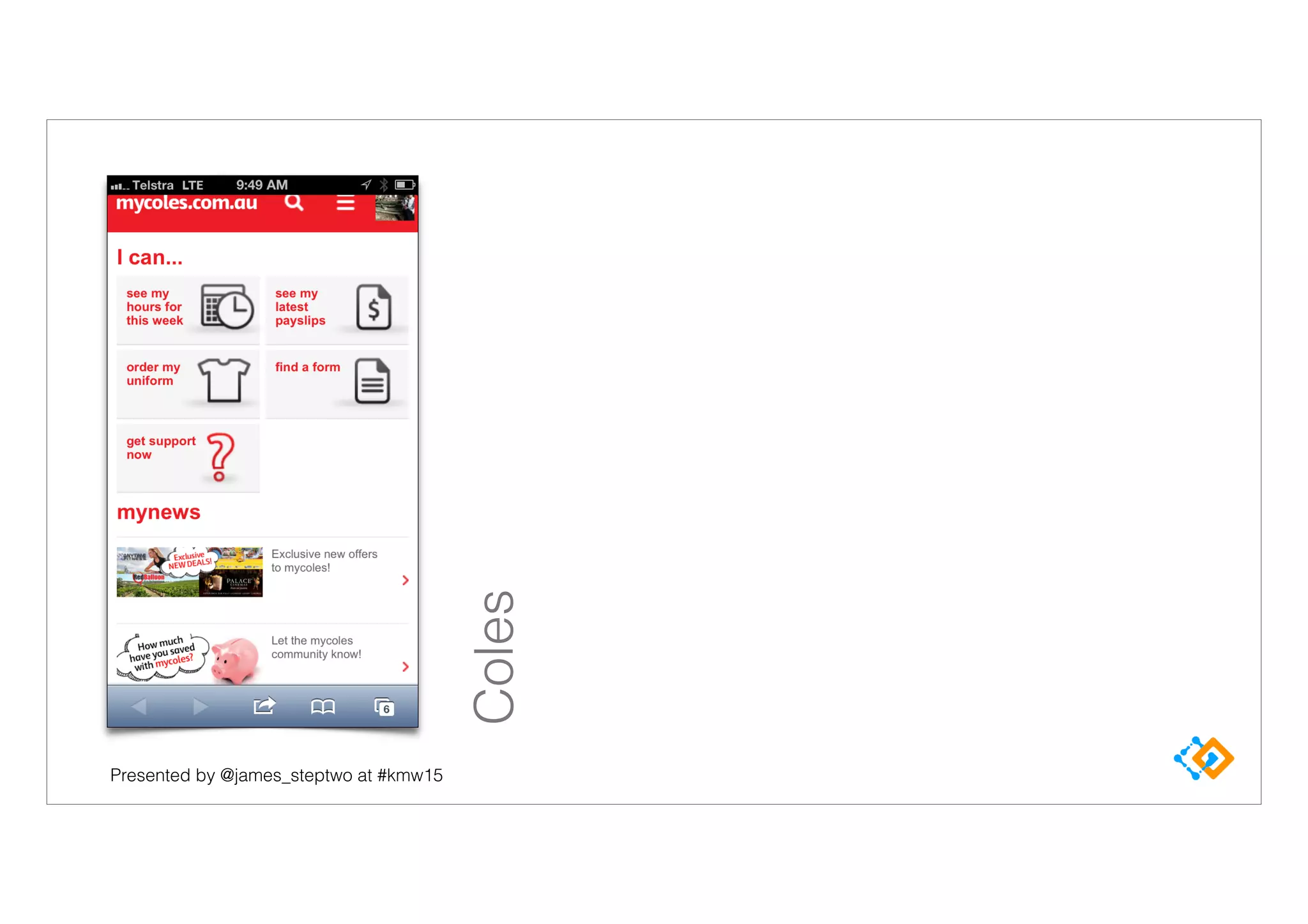 Presented by @james_steptwo at #kmw15
Coles
 