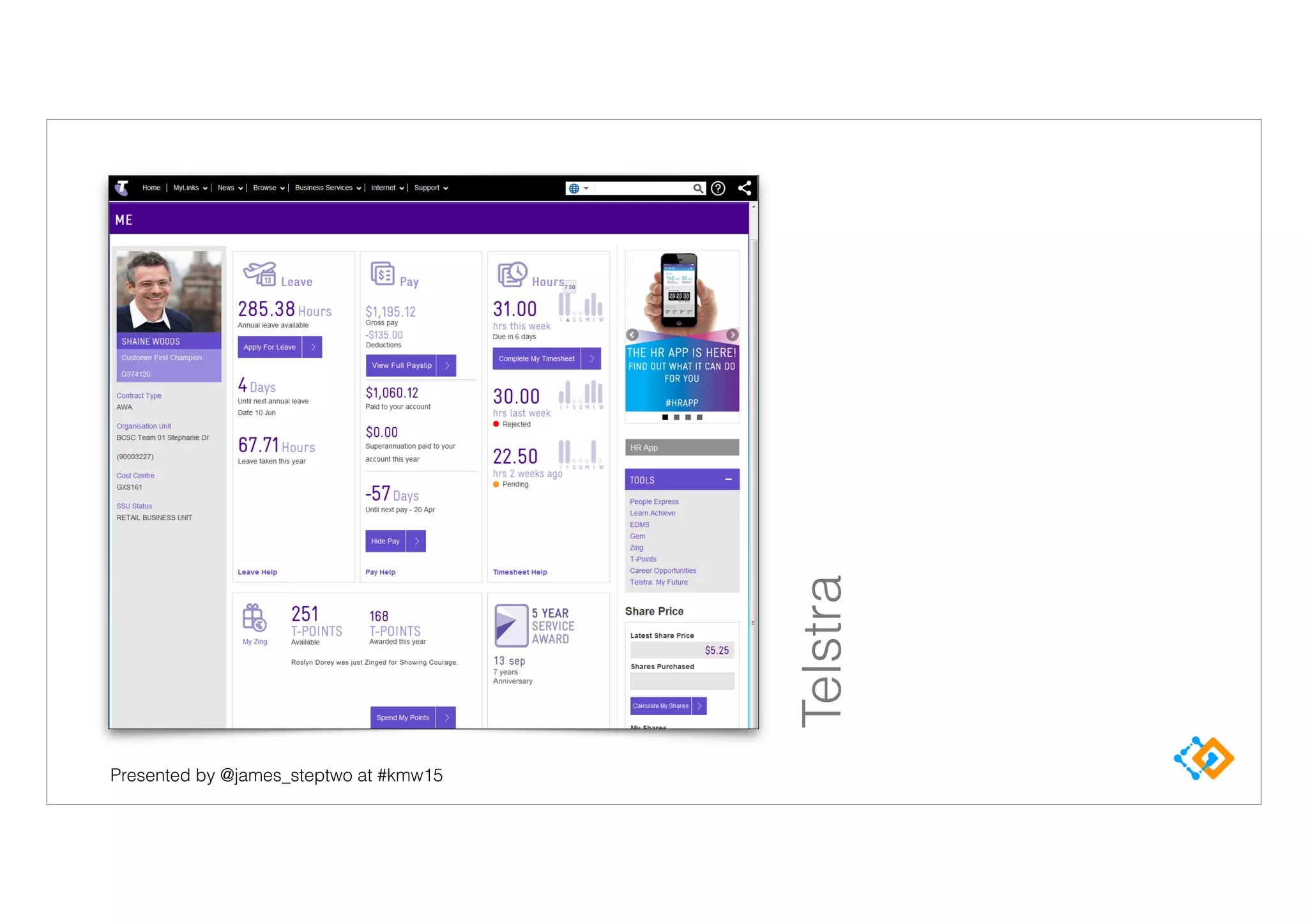 Presented by @james_steptwo at #kmw15
Telstra
 