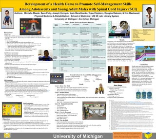 Development of a Health Game to Promote Self-Management Skills
                                     Among Adolescents and Young Adult Males with Spinal Cord Injury (SCI)
                          Authors: Michelle Meade, Sean Petty, Joseph Hornyak, Josh Marshbanks, Drew Clayborn, Douglas Rakoski, & Eric Maslowski
                                             Physical Medicine & Rehabilitation • School of Medicine • UM 3D Lab• Library System
                                                                 University of Michigan • Ann Arbor, Michigan
                                                                                                                                                 Table 1: Health Metrics and Required Behaviors
                                                                                                                     Issue to              How to manage             How to monitor          For Planning                        Consequence
                                                                                                                     manage

                                                                                                                 Skin             Pressure reliefs (every 30 min)    Timer           Recognize that pressure        Skin break down
                                                                                                                                                                                      reliefs have to be done at     Decreased health
                                                                                                                                                                                      regular intervals                                                                                                                                                     Art Team                 Programming Team
                                                                                                                                                                                      continuously throughout the                                                                                                                                           Stephen Bizer            Sean Petty
                                                                                                                                                                                      game                                                                                                                                                                  Austin Cascarelli        Sean Sheehan
   Background                                                                                                    Bowel            Bowel program                     • Timer            Need to be home/ HQ         •   Bowel accident                                                                                                                      Stephanie O’Malley Michael Skrzynski
   Traumatic SCI                                                                                                                  (1x / day)                        • Stink clouds     May need help               •   Stink cloud                                                                                                                         Scott Spangler           Alejandro Guerrero*
                                                                                                                                                                                                                    •   Decreased health                                                                                                                    Andrew Bobo*
   • Affects about 259,000 individuals in the U.S., with nearly 12,000 new injuries each year1                                                                                                                                                                                                                                                              Andrew Smith*
                                                                                                                                                                                                                    •   Embarrassment / increased stress
   • Mean age is 40.2 years old 1 but about half of new injuries happen to those between the ages of 16 to 29                                                                                                       •   Impaired communication                                                                                                              Michael Theodore*
     years old2                                                                                                                                                                                                                                                                                                                                            * indicates individuals who are not
   • Younger patients:                                                                                           Bladder          Cathing                            Timer           • Need correct supplies          Bladder accident                                                                Results                                              actively working on the project
      • Are overwhelmingly male                                                                                                   (every 4 hours)                    Urine trails    • Need privacy                   Stink cloud
                                                                                                                                                                                                                    
                                                                                                                                                                                                                                                            Researchers in the Department of Physical Medicine
      • Often need serious medical care for the first time in their lives                                                                                                                                               Impaired communication
                                                                                                                                                                                                                       Impact heath                        and Rehabilitation are collaborating with programmers
      • Are likely to be single (never-married) and have a high-school education or less
                                                                                                                 Fitness             Eat healthy things            • Remember        • Can bring meals from        •   Change in body type                 and artists at the University of Michigan 3D Lab to
      • There is a subset injured through participation in high-risk behaviors / violence                                            Drink enough water              behaviors         home                        •   Impact stamina and health
         • with lower education and literacy levels and fewer resources                                                              Avoid unhealthy food          • Check POS       • Can purchase meals
                                                                                                                                                                                                                                                            create the health game based on self-management
         • many are from ethnic and racial minority backgrounds3                                                                     Exercise                                        • Go to PT to exercise                                                skills, as articulated in the Health Mechanics program.
   • Have a high degree of technical sophistication which can be leveraged to                                                                                                                                                                               Advisory Board members provide critical input and
                                                                                                                 Stress            Monitor stress levels           POS               • Regularly monitor           • Decrease attention / concentration
     promote the transfer of knowledge and self-management skills                                                                  Make time for stress-                             • Take time for stress-       • Decline in navigation ability         feedback about game appearance, accessibility,
                                                                                                                                    relieving activities (yoga,                         relieving exercises                                                 relevance and enjoyment. A range of issues continue to
   The Millenial or Net Generation                                                                                                  deep breathing)
                                                                                                                                   Enhance cognitive resilience
                                                                                                                                                                                                                                                            arise during development and adaptation of the self-
   • Born between 1980 and 2000
   • Comfortable with technology and have learning styles adapted for                                                                                                                                                                                       management program, including the accessibility and
     this medium – specifically active and visual learning styles.4                                              Cognitive         Enhance problem-solving,        POS               Plan to work on cognitive     • Impacts health                        play-ability of the game to individuals with tetraplegia,
                                                                                                                 Flexibility /      attention, memory                                 tasks with Dr. Schyrnk        • Impacts resistance to Chillex 3000
   • Prefer information in short, direct, focused segments4,5                                                    Resilience
                                                                                                                                                                                                                                                            development of dialogue that is understandable and
   • Can deal with a lot of information                                                                                                                                                                                                                     relevant to target population, and the creation of
   • Have a high ability to multi-task                                                                           Health              Perform all health behaviors POS                                              • Impacts stress                        characters and a story line that players can relate to.
   • Characterized by shorter attention spans, a low threshold for boredom, and resistance to memorization                           Improve fitness                                                               • Impacts stamina
     and busy work                                                                                                                   Decrease stress                                                               • Impacts ability to accomplish tasks
   • Want and expect high interactivity, fast pacing and high impact images 6                                                        Increase Cognitive Resilience
                                                                                                                                                                                                                                                                                                                                                                                        Conclusions
                                                                                                                                                                                                                                                                                                                                                        Health games have the potential to promote
   Secondary Conditions after SCI:                                                                               Energy /         •   Fitness                       POS               Optimize all behaviors        • Impacts navigation
   • Often not direct nor necessary consequences of SCI7
                                                                                                                                                                                                                                                                                                                                                        skill development and behavior change;
                                                                                                                 Fatigue          •   Stress                                                                        • Influences ability to accomplish
   • Can be prevented or minimized with appropriate management – including performance of health                                  •   Health                                                                          tasks                                                                                                                             however, before this can occur, they have to
     maintenance behaviors and compensatory strategies7, 8                                                                        •   Practice / therapy                                                                                                                                                                                                be accessible and engaging to the target
      • However, research has demonstrated that education alone is seldom sufficient to produce behavior                                                                                                                                                                                                                                                group. We are currently in the alpha stage of
        change or induce adherence with medical recommendations.9                                                                                                                                                                                                                                                                                       the development of a health game to promote
      • Effective interventions need to be based around techniques that have been proven effective in                                                         Considerations for Accessibility & Engagement                                                                                                                                             self-management skills among the
        changing behaviors.                                                                                                                      Limited or no arm functioning                   Age                            Cost                                                                                                                    population of adolescents and young adult
      • See Table 1 for required behaviors
                                                                                                                                                 Slowed physical functioning                     Cost                           Humor                                                                                                                   males with SCI. Our poster presentation will
   Self-Management:                                                                                                                              Flow of Story                                   Graphics                       Engagement                                                                                                              articulate relevant design issues and be
   • Refers to the ability of an individual with a chronic condition to manage their health and its physical &                                   Expectations                                    Playability            Pace                                                                                                                            supplemented by the availability of iPod
     psychosocial consequences 10                                                                                                                                                                                                                                                                                                                       Touch and iPad devices, so that audience
   • Requires the ability to make decisions and lifestyle choices that will optimize functioning and allow for                                                                       Levels                                                                                                                                                             members can view and play the current
     greater participation in family, social, community and vocational roles and environments11                                                                                                                                                                                  Next Steps                                                             version of the game.
   • An evidence-based approach to managing chronic illness that provides education and skill-building                  Level 1: Brave New World
                                                                                                                        -   Player wakes up in the hospital and learns that they have a SCI                                                                 •Continued development of levels
     related to self-monitoring, communication, problem-solving and relaxation
   • Proven to be effective for improving health status and health behaviors, increasing self-efficacy,                                                                                                                                                       •Alpha Continued
                                                                                                                        -   Meet with health care providers and learns how to function
     improving compliance with medication regimens, decreasing pain, and lowering health-care costs 9,12-21                                                                                                                                                     •Alpha Stage Evaluation
                                                                                                                        -   Return home (parent’s home) and must organize their space
   • Protocols have been effectively tailored to meet the needs and concerns of minority populations22-28                                                                                                                                                     •Beta Stage
   • Health Mechanics program created by M. Meade, specifically for individuals with SCI                                Level 2: Helping Hands                                                                                                                  •Beta Stage Evaluation
   • Skills include                                                                                                     -   Meet and learn to work with assistant                                                                                           •Evaluating efficacy
      - Attitude              - Self-Monitoring         - Problem-Solving                                               -   Return to hospital for outpatient follow-up                                                                                     •Marketing / outreach
      - Communication                - Organization           - Stress-management
                                                                                                                        -   Need to monitor their health statistics, including stamina, stress and overall health., and perform                             •Adapt for other populations
                                                                                                                            required behaviors
                                                                                                                        -   Party at Home                                                                                                                      REFERENCES
                                                                                                                                                                                                                                                               1.    NSCISC. Spinal Cord Injury Facts and Figures at a Glance. 2011. www.uab.edu/NSCISC. Accessed September 4, 2009.
                                                                                                                        -   Key Skills: Communication, Organization                                                                                            2.    SCI-Info-Pages: Quadriplegic, Paraplegic & Caregiver Resources. 2009; http://www.ohsu.edu/oidd/cca/oodh/projects/HL/index.cfm. Accessed December 30, 2009.
                                               About Serious games:                                                                                                                                                                                            3.    Burnett DM, Kolakowsky-Hayner SA, White JM, Cifu DX. Impact of minority status following traumatic spinal cord injury. NeuroRehabilitation. 2002;17(3):187-194.

                                               • As used in the computer gaming industry, a serious game is             Level 3: Independence Day                                                                                                              4.
                                                                                                                                                                                                                                                               5.
                                                                                                                                                                                                                                                                     Oblinger DG, Oblinger JL. Educating the Net Generation. In: Oblinger DG, Oblinger JL, eds2005: www.educause.edu/educatingthenetgen. Accessed January 2, 2010.
                                                                                                                                                                                                                                                                     Thietje R, Giese R, Pouw M, et al. How does knowledge about spinal cord injury-related complications develop in subjects with spinal cord injury? A descriptive analysis in
                                                                                                                                                                                                                                                                     214 patients. Spinal Cord. 2011;49:43-48.
                                                 “a game designed for a primary purpose other than pure                 -   Learn to drive                                                                                                                     6.    Litten A, Lindsay B. Teaching and learning from generation Y2001.
                                                 entertainment”29                                                       -   DVM and get van                                                                                                                    7.
                                                                                                                                                                                                                                                               8.
                                                                                                                                                                                                                                                                     Krause JS. Secondary Conditions and spinal cord injury: A model for prediction and prevention. Topics in Spinal Cord Injury Rehabilitation. 1996;2(2):58-70.
                                                                                                                                                                                                                                                                     Lammertse D. Maintaining health long-term with spinal cord injury. Topics in Spinal Cord Injury Rehabilitation. 2001;6(3):1-21.
                                               • Serious games based on development of self-management                  -   Meet friends at club
                                                                                                                                                                                                                                                               9.    Steed L, Cooke D, Newman S. A systematic review of psychosocial outcomes following education, self-management and psychological interventions in diabetes mellitus.
                                                                                                                                                                                                                                                                     Patient Educ Couns. Sep 2003;51(1):5-15.
                                                 skills have been developed for asthma, diabetes, surgery                                                                                                                                                      10.                                                                                     -
                                                                                                                                                                                                                                                                     Barlow J, Wright C, Sheasby J, Turner A, Hainsworth J. Self-management approaches for people with chronic conditions: A review. Patient Educ Couns. 2002;48:177-187.

                                                 preparation, safe sex negotiation, and promoting nutrition             -   Skill: Problem-solving                                                                                                             11.   Creer TL, Holroyd KA. Self-management of chronic conditions: the legacy of Sir William Osler. Chronic Illness. 2006;2:7-14.
                                                                                                                                                                                                                                                               12.   Bodenheimer T, Lorig K, Holman H, Grumbach K. Patient self-management of chronic disease in primary care. JAMA. Nov 20 2002;288(19):2469-2475.
                                                 and physical activities.                                               Level 4: Viva La Resistance                                                                                                            13.
                                                                                                                                                                                                                                                               14.
                                                                                                                                                                                                                                                                     Lorig KR. Arthritis self-management: a patient education program. Rehabil Nurs. Jul-Aug 1982;7(4):16-20.
                                                                                                                                                                                                                                                                     Lorig KR, Sobel DS, Stewart AL, et al. Evidence suggesting that a chronic disease self-management program can improve health status while reducing hospitalization: a
                                               • Found to be effective in improving self-care, reducing                 -   Recruited into the Underground Resistance                                                                                          15.
                                                                                                                                                                                                                                                                     randomized trial. Med Care. Jan 1999;37(1):5-14.
                                                                                                                                                                                                                                                                     Lorig KR, Sobel DS, Ritter PL, Laurent D, Hobbs M. Effect of a self-management program on patients with chronic disease. Eff Clin Pract. Nov-Dec 2001;4(6):256-262.
                                                 symptoms, minimizing secondary conditions, reducing                                                                                                                                                           16.   Lorig KR, Holman H. Self-management education: history, definition, outcomes, and mechanisms. Ann Behav Med. Aug 2003;26(1):1-7.
                                                                                                                        -   Gain a secret identity / live a double life                                                                                        17.   Lorig K. Self-management education: more than a nice extra. Med Care. Jun 2003;41(6):699-701.
                                                 emergency room visits and decreasing health care costs30                                                                                                                                                      18.   Holman H, Lorig K. Patient self-management: a key to effectiveness and efficiency in care of chronic disease. Public Health Rep. May-Jun 2004;119(3):239-243.
                                                                                                                        -   Training and missions                                                                                                              19.   Lorig KR, Ritter PL, Laurent DD, Plant K. Internet-based chronic disease self-management: a randomized trial. Med Care. Nov 2006;44(11):964-971.
                                                                                                                                                                                                                                                               20.   Lorig K, Ritter PL, Villa FJ, Armas J. Community-based peer-led diabetes self-management: a randomized trial. Diabetes Educ. Jul-Aug 2009;35(4):641-651.

Objectives:                                                                                                             -   Skill: Multi-tasking                                                                                                               21.   Newman S, Steed L, Mulligan K. Self-management interventions for chronic illness. Lancet. Oct 23-29 2004;364(9444):1523-1537.
                                                                                                                                                                                                                                                               22.   von Goeler DS, Rosal MC, Ockene JK, Scavron J, De Torrijos F. Self-management of type 2 diabetes: a survey of low-income urban Puerto Ricans. Diabetes Educ. Jul-Aug

• To develop an electronic game for an iPod Touch or similar device that will teach and / or                            Level 5: The Big Stink                                                                                                                 23.
                                                                                                                                                                                                                                                                     2003;29(4):663-672.
                                                                                                                                                                                                                                                                     Rosal MC, Olendzki B, Reed GW, Gumieniak O, Scavron J, Ockene I. Diabetes self-management among low-income Spanish-speaking patients: a pilot study. Ann Behav
                                                                                                                                                                                                                                                                     Med. Jun 2005;29(3):225-235.
  promote the use of key skills necessary for managing a spinal cord injury (SCI).                                      -   Final level is the final confrontation with Dr. Schyrnk                                                                            24.   Carbone ET, Rosal MC, Torres MI, Goins KV, Bermudez OI. Diabetes self-management: perspectives of Latino patients and their health care providers. Patient Educ Couns.
                                                                                                                                                                                                                                                                     May 2007;66(2):202-210.
• Ultimately, we hope that playing the game will increase knowledge and confidence, normalize                           -   You have to unravel his complex plot and defeat him.                                                                               25.   Vincent D, Clark L, Zimmer LM, Sanchez J. Using focus groups to develop a culturally competent diabetes self-management program for Mexican Americans. Diabetes
                                                                                                                                                                                                                                                                     Educ. Jan-Feb 2006;32(1):89-97.
  and promote self-management behaviors, and reduce secondary conditions and health care                                -   Once you do, you can continue to access any of the areas of the world, this time using the                                         26.   Lorig KR, Ritter PL, Gonzalez VM. Hispanic chronic disease self-management: a randomized community-based outcome trial. Nurs Res. Nov-Dec 2003;52(6):361-369.
                                                                                                                                                                                                                                                               27.   Lorig KR, Ritter PL, Jacquez A. Outcomes of border health Spanish/English chronic disease self-management programs. Diabetes Educ. May-Jun 2005;31(3):401-409.
  costs                                                                                                                     additional equipment and skills you have gained along the way.                                                                     28.   Lorig K, Ritter PL, Villa F, Piette JD. Spanish diabetes self-management with and without automated telephone reinforcement: two randomized trials. Diabetes Care. Mar
                                                                                                                                                                                                                                                                     2008;31(3):408-414.
• This game application is based on the self-management principles and specifically on the                              -   Skill: Continue to manage health while save the world…                                                                             29.   Wikepedia. Serious Games. 2009; <http://en.wikipedia.org/wiki/Serious_games>. Accessed 1/29/2009.
                                                                                                                                                                                                                                                               30.   Lieberman DA. Management of Chronic Pediatric Diseases with Interactive Health Games: Theory and Research Findings. Journal of Ambulatory Care Management.
  Health Mechanics program                                                                                                                                                                                                                                           2001;24(1):26-38.




                                                                                                                 University of Michigan
 