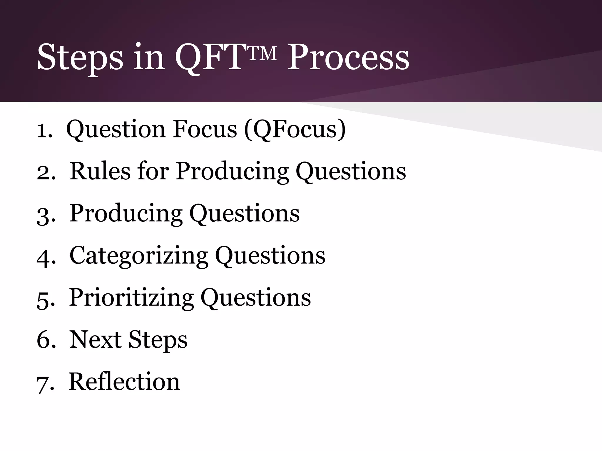 Steps in QFTTM Process
1. Question Focus (QFocus)
2. Rules for Producing Questions
3. Producing Questions
4. Categorizing Questions
5. Prioritizing Questions
6. Next Steps
7. Reflection
 