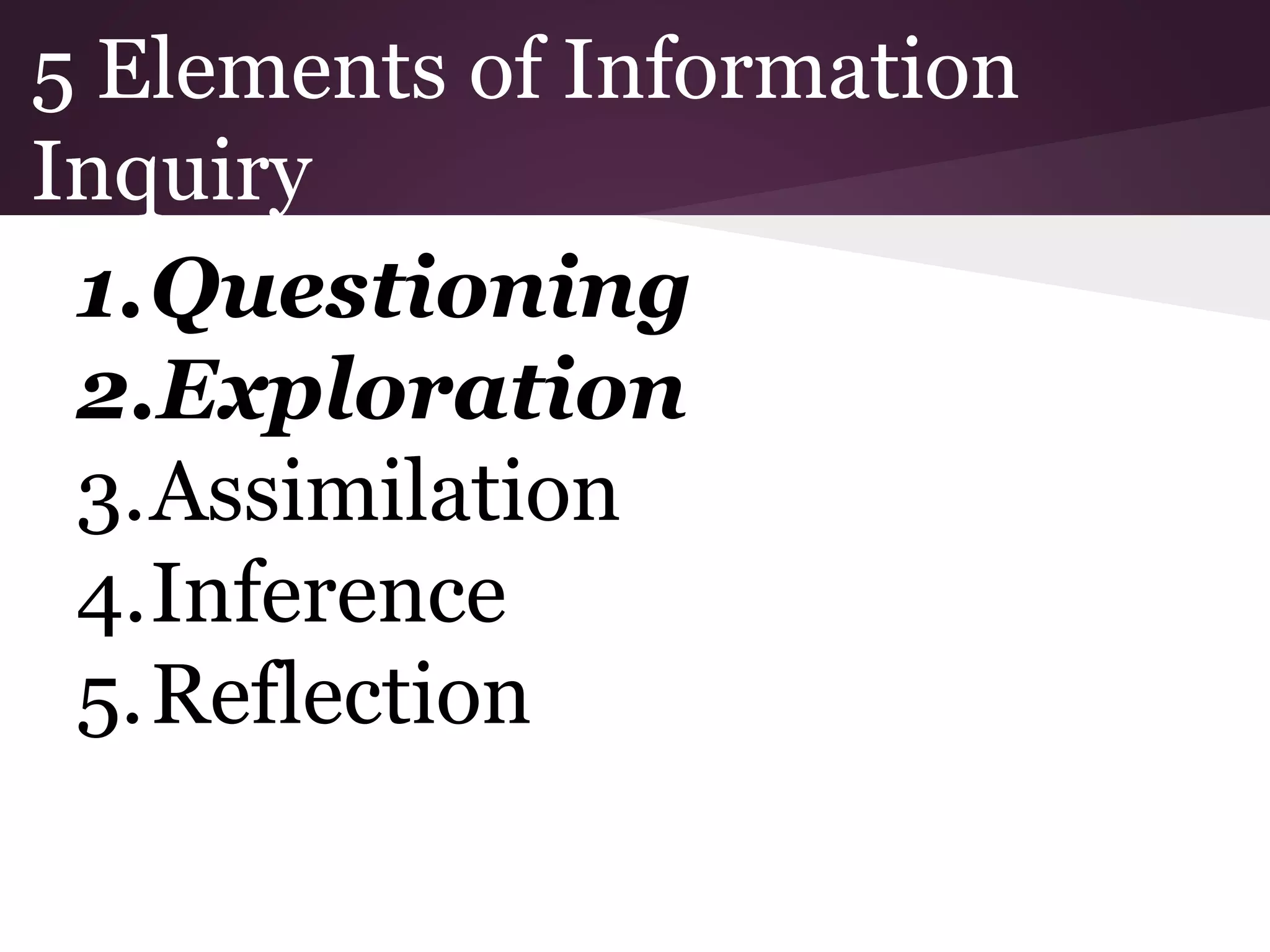 5 Elements of Information
Inquiry
1.Questioning
2.Exploration
3.Assimilation
4.Inference
5.Reflection
 