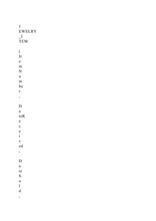J
EWELRY
_I
TEM
(
It
e
m
N
u
m
be
r
,
D
a
teR
e
c
e
i
v
ed
,
D
a
te
S
o
l
d
,
 
