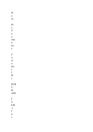 D
a
te,
Pr
e
T
a
x
Am
o
un
t,
C
u
st
o
me
r
I
D
)
PUR
C
H
ASE
_
I
T
EM
(
I
n
v
 