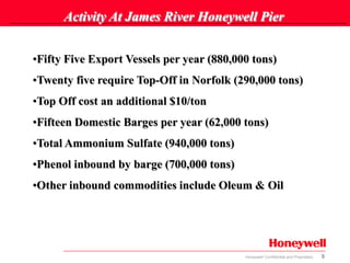 9Honeywell Confidential and Proprietary
Activity At James River Honeywell Pier
•Fifty Five Export Vessels per year (880,000 tons)
•Twenty five require Top-Off in Norfolk (290,000 tons)
•Top Off cost an additional $10/ton
•Fifteen Domestic Barges per year (62,000 tons)
•Total Ammonium Sulfate (940,000 tons)
•Phenol inbound by barge (700,000 tons)
•Other inbound commodities include Oleum & Oil
 