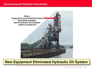 13Honeywell Confidential and Proprietary
Environmental Pollution Prevention
Gantry -
Equipment to Load Fertilizer Product
Onto Ships & Barges -
Has Oil Hydraulic Drive System
to Move Loading Arm
New Equipment Eliminated Hydraulic Oil System
 