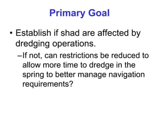 Primary Goal
• Establish if shad are affected by
dredging operations.
–If not, can restrictions be reduced to
allow more time to dredge in the
spring to better manage navigation
requirements?
 