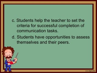 c. Students help the teacher to set the
criteria for successful completion of
communication tasks.
d. Students have opportunities to assess
themselves and their peers.
 