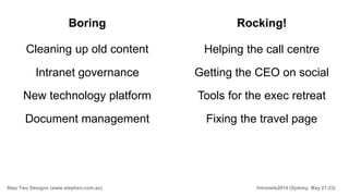 Step Two Designs (www.steptwo.com.au) Intranets2014 (Sydney, May 21-23)
Boring Rocking!
Cleaning up old content
Intranet governance
New technology platform
Document management
Helping the call centre
Getting the CEO on social
Tools for the exec retreat
Fixing the travel page
 