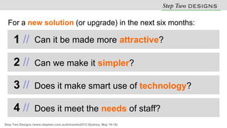 For a new solution (or upgrade) in the next six months:

     1 //         Can it be made more attractive?

     2 //         Can we make it simpler?

     3 //         Does it make smart use of technology?

     4 //         Does it meet the needs of staff?
Step Two Designs (www.steptwo.com.au)Intranets2012 (Sydney, May 16-18)
 