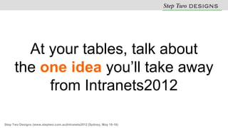 At your tables, talk about
      the one idea you’ll take away
           from Intranets2012

Step Two Designs (www.steptwo.com.au)Intranets2012 (Sydney, May 16-18)
 