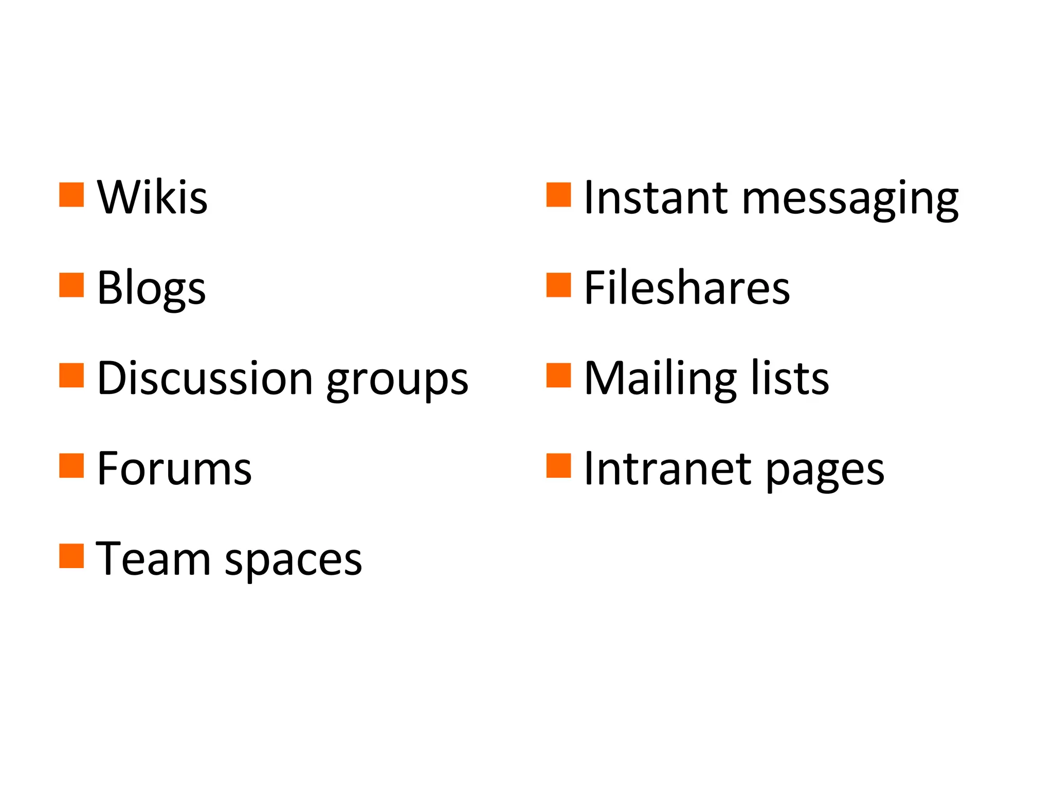 Wikis Blogs Discussion groups Forums Team spaces Instant messaging Fileshares Mailing lists Intranet pages 