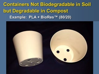 Example: PLA + BioRes™ (80/20)
Containers Not Biodegradable in Soil
but Degradable in Compost
 