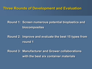 Three Rounds of Development and Evaluation
Round 1: Screen numerous potential bioplastics and
biocomposites
Round 2: Impro...
