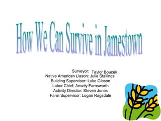 Surveyor:
Native American Liason: Julia Stallings
Building Supervisor: Luke Gibson
Labor Chief: Ansely Farnsworth
Activity Director: Steven Jones
Farm Supervisor: Logan Ragsdale
Taylor Boucek
 