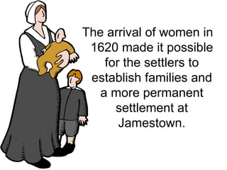 The arrival of women in 1620 made it possible for the settlers to establish families and a more permanent settlement at Jamestown. 