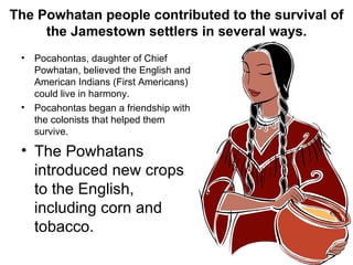 The Powhatan people contributed to the survival of the Jamestown settlers in several ways. Pocahontas, daughter of Chief Powhatan, believed the English and American Indians (First Americans) could live in harmony. Pocahontas began a friendship with the colonists that helped them survive. The Powhatans introduced new crops to the English, including corn and tobacco. 