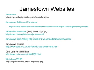 Jamestown Websites Jamestown   http://www.virtualjamestown.org/tscreators.html  Jamestown Settlement Panorama http://nature.berkeley.edu/departments/espm/env-hist/espm160/assignments/jamestownall/jamesc_pan.htm Jamestown Interactive  (temp. allow pop-ups) http://www.historyglobe.com/jamestown/# Jamestown Web Activity   http://scott.k12.va.us/martha2/jamestown.htm Jamestown Quizzes http://www.scott.k12.va.us/martha2/VaStudiesTests.htm Quia Quiz on Jamestown http://www.quia.com/quiz/451552.html VA Indians VS.2D   http://virginiaindians.pwnet.org/index.php 