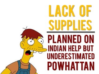 Lack of
supplies
Planned on
Indian help but
underestimated
Powhattan
 
