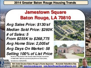 2014 Greater Baton Rouge Housing Trends 
Bill Cobb Greater Baton Rouge’s Home Appraiser - Accurate Valuations Grp 225-293-1500 www.Accuratevg.com www.BatonRougeHousingReports.com 
Jamestown Square Baton Rouge, LA 70810 
Avg Sales Price: $130/sf 
Median Sold Price: $260K 
# of Sales: 5 From $255K to $268,775 
Avg Home Size: 2,005sf 
Avg Days On Market: 58 
Selling 100% of List Price 
Based on information from Greater Baton Rouge Association of REALTORS®MLS for period 01/01/2014 to 10/01/2014, extracted on 10/01/2014. 