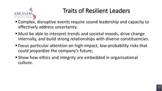 Traits of Resilient Leaders
 Complex, disruptive events require sound leadership and capacity to
effectively address uncertainty.
 Must be able to interpret trends and societal moods, drive change
internally, and build strong relationships with diverse constituencies.
 Focus particular attention on high-impact, low-probability risks that
could jeopardize the company’s future;
 Show how ethics and integrity are embedded in organisational
culture.
 