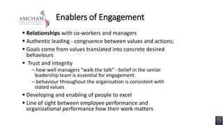 Enablers of Engagement
 Relationships with co-workers and managers
 Authentic leading - congruence between values and actions;
 Goals come from values translated into concrete desired
behaviours
 Trust and integrity
– how well managers “walk the talk” - belief in the senior
leadership team is essential for engagement.
– behaviour throughout the organisation is consistent with
stated values
 Developing and enabling of people to excel
 Line of sight between employee performance and
organizational performance how their work matters
 