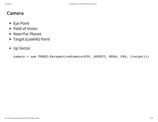 6/17/2014 Getting started with WebGL and Three.js
file:///Users/james/Downloads/3js-2013/index.html#1 9/38
Camera
Eye Point
Field of Vision
Near/Far Planes
Target (LookAt) Point
Up Vector
camera = new THREE.PerspectiveCamera(FOV, ASPECT, NEAR, FAR, [target]);
 