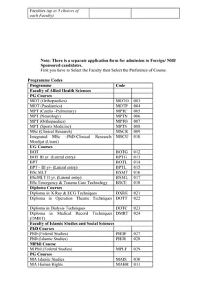Faculties (up to 5 choices of
each Faculty)
Note: There is a separate application form for admission to Foreign/ NRI/
Sponsored candidates.
First you have to Select the Faculty then Select the Preference of Course.
Programme Codes
Programme Code
Faculty of Allied Health Sciences
PG Courses
MOT (Orthopaedics) MOTO 003
MOT (Paediatrics) MOTP 004
MPT (Cardio –Pulmonary) MPTC 005
MPT (Neurology) MPTN 006
MPT (Orthopaedics) MPTO 007
MPT (Sports Medicine) MPTS 008
MSc (Clinical Research) MSCR 009
Integrated MSc –PhD-Clinical Research-
Moalijat (Unani)
MSCU 010
UG Courses
BOT BOTG 012
BOT III yr. (Lateral entry) BPTG 013
BPT BOTL 014
BPT - III yr- (Lateral entry) BPTL 015
BSc MLT BSMT 016
BScMLT II yr. (Lateral entry) BSML 017
BSc Emergency & Trauma Care Technology BSCE 018
Diploma Courses
Diploma in X-Ray & ECG Techniques DXRE 021
Diploma in Operation Theatre Techniques DOTT 022
Diploma in Dialysis Techniques DDTC 023
Diploma in Medical Record Techniques
(DMRT)
DMRT 024
Faculty of Islamic Studies and Social Sciences
PhD Courses
PhD (Federal Studies) PHDF 027
PhD (Islamic Studies) PHDI 028
MPhil Course
M Phil (Federal Studies) MPLF 029
PG Courses
MA Islamic Studies MAIS 030
MA Human Rights MAHR 031
 