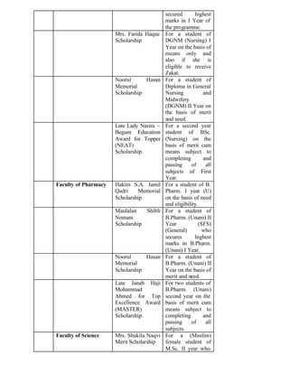 secured highest
marks in I Year of
the programme.
Mrs. Farida Haque
Scholarship
For a student of
DGNM (Nursing) I
Year on the basis of
means only and
also if she is
eligible to receive
Zakat.
Noorul Hasan
Memorial
Scholarship
For a student of
Diploma in General
Nursing and
Midwifery
(DGNM) II Year on
the basis of merit
and need.
Late Lady Nasira –
Begum Education
Award for Topper
(NEAT)
Scholarship.
For a second year
student of BSc.
(Nursing) on the
basis of merit cum
means subject to
completing and
passing of all
subjects of First
Year.
Faculty of Pharmacy Hakim S.A. Jamil
Qadri Memorial
Scholarship
For a student of B.
Pharm. I year (U)
on the basis of need
and eligibility.
Maulalan Shibli
Nomani
Scholarship
For a student of
B.Pharm. (Unani) II
Year (SFS)
(General) who
secures highest
marks in B.Pharm.
(Unani) I Year.
Noorul Hasan
Memorial
Scholarship
For a student of
B.Pharm. (Unani) II
Year on the basis of
merit and need.
Late Janab Haji
Mohammad
Ahmed for Top
Excellence Award
(MASTER)
Scholarship.
For two students of
B.Pharm. (Unani)
second year on the
basis of merit cum
means subject to
completing and
passing of all
subjects.
Faculty of Science Mrs. Shakila Naqvi
Merit Scholarship
For a (Muslim)
female student of
M.Sc. II year who
 