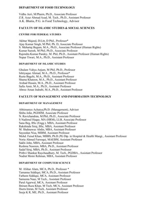 DEPARTMENT OF FOOD TECHNOLOGY
Vidhu Aeri, M.Pharm, Ph.D., Associate Professor
Z.R. Azaz Ahmad Azad, M. Tech., Ph.D., Assistant Professor
A.K. Bhatia, P.G. in Food Technology, Advisor
FACULTY OF ISLAMIC STUDIES & SOCIAL SCIENCES
CENTRE FOR FEDERAL S TUDIES
Akhtar Majeed, D.Litt, D Phil., Professor*
Ajay Kumar Singh, M Phil, Ph. D, Associate Professor
S. Mehartaj Begum, M.A., Ph.D., Associate Professor (Human Rights)
Kumar Suresh, M Phil, Ph.D., Associate Professor
Rajendra Kumar Pandey, M. Phil, Ph.D., Assistant Professor (Human Rights)
Nupur Tiwari, M.A., Ph.D., Assistant Professor
DEPARTMENT OF ISLAMIC STUDIES
Ghulam Yahya Anjum, M Phil, Ph.D., Professor
Ishtiyaque Ahmad, M.A., Ph.D., Professor*
Reeta Bagchi, M.A., Ph.D., Assistant Professor
Shama Khatoon, M.A., Ph.D., Assistant Professor
Arshad Husain, M.A., Ph.D., Assistant Professor
Safia Amir, M.A., Ph.D., Assistant Professor
Abroo Aman Indrabi, M.A., Ph.D., Assistant Professor
FACULTY OF MANAGEMENT AND INFORMATION TECHNOLOGY
DEPARTMENT OF MANAGEMENT
Abhimanyu Acharya,Ph.D. (Management), Advisor
Shibu John, PGDHM, Associate Professor
N. Ravichandran, M.Phil, Ph.D., Associate Professor
S Nadimul Haque, MA (HRM), LLB, Associate Professor
Sana Beg, BSc (Engg.), MBA, Assistant Professor
Rakshinda Siraj, BSc, MBA, Assistant Professor
M. Shahnawaz Abdin, MBA, Assistant Professor
Sayeedun Nisa, MIBM, Assistant Professor
Mohd. Faisal Khan, MBBS, Ph.D.,PG Dip. in Hospital & Health Mangt., Assistant Professor
Noria Ahmed Farooqui, MAEBM, Assistant Professor
Sakhi John, MBA, Assistant Professor
Reshma Nasreen, MBA, Ph.D., Assistant Professor
Sadaf Siraj, MBA, Ph.D., Assistant Professor
Prithvi Shankar Raychaudhury, M. Tech., PGDBA., Assistant Professor
Nudrat Moini Rehman, MBA, Assistant Professor
DEPARTMENT OF COMPUTER SCIENCE
M. Afshar Alam, MCA, Ph.D., Professor *
Tamanna Siddiqui, MCA, Ph.D., Assistant Professor
Farheen Siddiqui, MCA, Assistant Professor
Sameena Naaz, M Tech., Assistant Professor
Parul Agarwal, MCA, Assistant Professor
Ihtiram Raza Khan, M Tech, MCA, Assistant Professor
Hazra Imran, M Tech, Assistant Professor
Seeja K R, ME, Ph.D., Assistant Professor
 