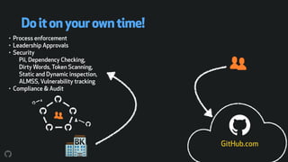 Doitonyourowntime!
• Process enforcement
• Leadership Approvals
• Security 
Pii, Dependency Checking,  
Dirty Words, Token Scanning, 
Static and Dynamic inspection, 
ALMSS, Vulnerability tracking
• Compliance & Audit
GitHub.com
 