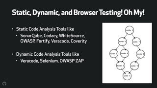 Static,Dynamic,andBrowserTesting!OhMy!
• Static Code Analysis Tools like
• SonarQube, Codacy, WhiteSource,
OWASP, Fortify, Veracode, Coverity
• Dynamic Code Analysis Tools like
• Veracode, Selenium, OWASP ZAP
 