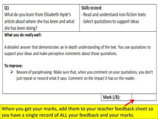 When you get your marks, add them to your teacher feedback sheet so
you have a single record of ALL your feedback and your marks.
 