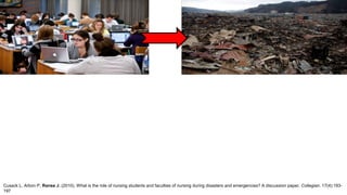 Cusack L, Arbon P, Ranse J. (2010). What is the role of nursing students and faculties of nursing during disasters and emergencies? A discussion paper. Collegian. 17(4):193-
197
 