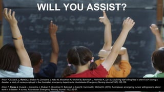 WILL YOU ASSIST?
Arbon P, Cusack, L, Ranse J, Shaban R, Considine J, Kako M, Woodman R, Mitchell B, Bahnisch L, Hammad K. (2013). Exploring staff willingness to attend work during a
disaster: a study of nurses employed in four Australian emergency departments. Australasian Emergency Nursing Journal.16(3):103-109
Arbon P, Ranse J, Cusack L, Considine J, Shaban R, Woodman R, Bahnisch L, Kako M, Hammad K, Mitchell B. (2013). Australasian emergency nurses’ willingness to attend
work in a disaster: A survey. Australasian Emergency Nursing Journal. 16(2):52-57.
 