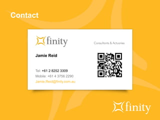 Contact
Jamie Reid
Tel: +61 2 8252 3309
Mobile: +61 4 3756 2290
Jamie.Reid@finity.com.au
 
