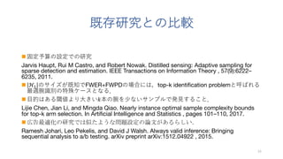 n
Jarvis Haupt, Rui M Castro, and Robert Nowak. Distilled sensing: Adaptive sampling for
sparse detection and estimation. IEEE Transactions on Information Theory , 57(9):6222C
6235, 2011.
n ?" FWER+FWPD top-k identification problem 3
n # 4
Lijie Chen, Jian Li, and Mingda Qiao. Nearly instance optimal sample complexity bounds
for top-k arm selection. In Artificial Intelligence and Statistics , pages 101C110, 2017.
n
Ramesh Johari, Leo Pekelis, and David J Walsh. Always valid inference: Bringing
sequential analysis to a/b testing. arXiv preprint arXiv:1512.04922 , 2015.
 