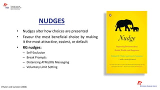• Nudges alter how choices are presented
• Favour the most beneficial choice by making
it the most attractive, easiest, or default
• RG nudges:
– Self-Exclusion
– Break Prompts
– Distancing ATMs/RG Messaging
– Voluntary Limit Setting
NUDGES
(Thaler and Sunstein 2008)
 