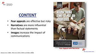 • Fear appeals are effective but risky
• Narratives are more influential
than factual statements
• Images increase the impact of
communications
CONTENT
Fear Appeal with Narrative
(Houts et al. 2006:; Shen et al 2015; Witte and Allen 2000)
 
