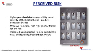 • Higher perceived risk – vulnerability to and
severity of the health threat – predicts
behaviour change
• Negative frames for high risk, positive frames
for low risk
• Increased using negative frames, daily health
risks, and featuring frequent behaviours
PERCEIVED RISK
(Chandra and Menon 2004; Lee and Aaker 2004; Menon et al. 2002; Witte and Allen 2000)
Daily Risk Ad
 