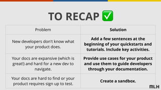 TO RECAP ✅
Problem Solution
New developers don't know what
your product does.
Add a few sentences at the
beginning of your quickstarts and
tutorials. Include key activities.
Your docs are expansive (which is
great!) and hard for a new dev to
navigate.
Provide use cases for your product
and use them to guide developers
through your documentation.
Your docs are hard to find or your
product requires sign up to test.
Create a sandbox.
 