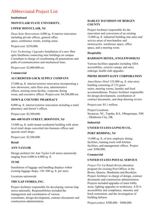 Abbreviated Project List
Institutional
                                                                HARLEY DAVIDSON OF BERGEN
MONTCLAIR STATE UNIVERSITY,                                     COUNTY
UPPER MONTCLAIR, NJ                                             Project Architect responsible for the
Dean Suite Renovations 4,000 sq. ft interior renovation         renovation and conversion of an existing
including private offices, general office                       12,000 sq. ft. industrial building into sales and
space, conference rooms, waiting areas.                         service areas of merchandise and
                                                                motorcycles, warehouse space, office
Project cost: $250,000.                                         space, and a meeting room.
Core Technology Upgrades Installation of a new fiber            Hospitality
optic backbone connecting nine buildings on campus.
Consultant in charge of coordinating all penetrations and       RADISSON HOTEL, ENGLEWOOD,NJ
paths of communication and mechanical lines.                    Various facilities upgrades including ADA
Project cost: $2,000,000 est.                                   accessibility, exterior canopy and entry
                                                                redesign, health club upgrades.
Commercial
                                                                PRIME HOSPITALITY CORPORATION
ACCREDITED LOCK SUPPLY COMPANY
                                                                AmeriSuites Hotel 125,000 sq. ft. nine-story
27,000 sq. ft. interior/exterior renovation incorporating a     building consisting of 152 guest
new showroom, sales floor area, administrative                  suites, meeting rooms, laundry and food
offices, training room facility, corporate dining               accommodations. Project Architect responsible
room, and executive offices. Project cost: $4,500,000 est.      for design development, coordination of
TOWN & COUNTRY PHARMACY                                         contract documents, and shop drawing review.
8,000 sq. ft. interior/exterior renovation including a retail   Project cost: $5.1 million.
pharmacy and doctor’s offices.                                  Project Locations:
Project cost: $2,500,000.                                       Secaucus, NJ., Topeka, KA, Albuquerque, NM
                                                                , Oklahoma City, OK
404–408 MAIN STREET, BOONTON, NJ
                                                                Industrial
15,000 sq. ft. multi tenant residential building with street
level retail shops converted into business offices and          UNITED STATES GYPSUM CO.,
upscale retail shops.                                           PORT REDDING, NJ
Project cost: $2,500,000.                                       15,000 sq. ft. of new employee dining
Retail                                                          facilities, training room with kitchen
                                                                facilities, and management offices. Project
ANN TAYLOR                                                      cost: $500,000.
Design architect for Ann Taylor Loft stores nationwide          Commercial
ranging from 6,000 to 8,000 sq. ft.
                                                                UNITED STATES POSTAL SERVICE
TUMI
                                                                Project Fix-Up Retail driven alteration
Installation of luggage and handbag displays within             program for existing Post Offices in the
existing luggage shops, 150–500 sq. ft. per store.              Bronx, Queens, Manhattan and Brooklyn.
Locations nationwide                                            Project Architect in charge of design, contract
                                                                documents and construction administration.
THE GAP STORES, INC.                                            Projects included upgrades of main lobby
Project Architect responsible for developing various Gap        areas, lighting upgrades in workroom, A.D.A.
stores nationally. Responsibilities included the                accessibility and compliance, masonry and
management and coordination of various                          brick restoration, and the investigation of
consultants, design development, contract documents and         building failures.
construction administration.                                    Project cost(s): $300,000 – $900,000.
 