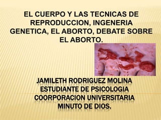 EL CUERPO Y LAS TECNICAS DE
    REPRODUCCION, INGENERIA
GENETICA, EL ABORTO, DEBATE SOBRE
            EL ABORTO.




      JAMILETH RODRIGUEZ MOLINA
       ESTUDIANTE DE PSICOLOGIA
     COORPORACION UNIVERSITARIA
            MINUTO DE DIOS.
 